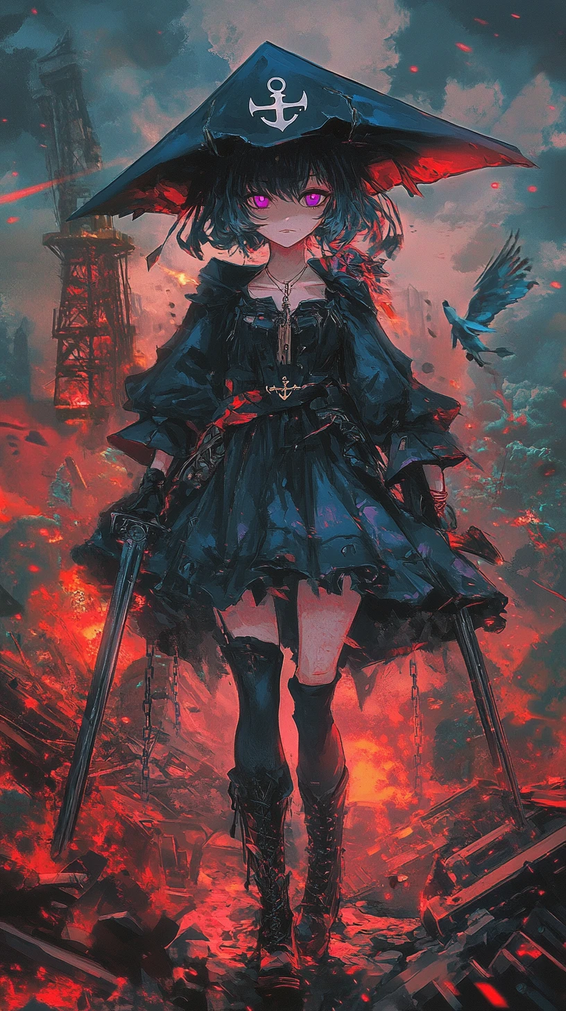 Guerriera anime con spada e fucile tra le rovine