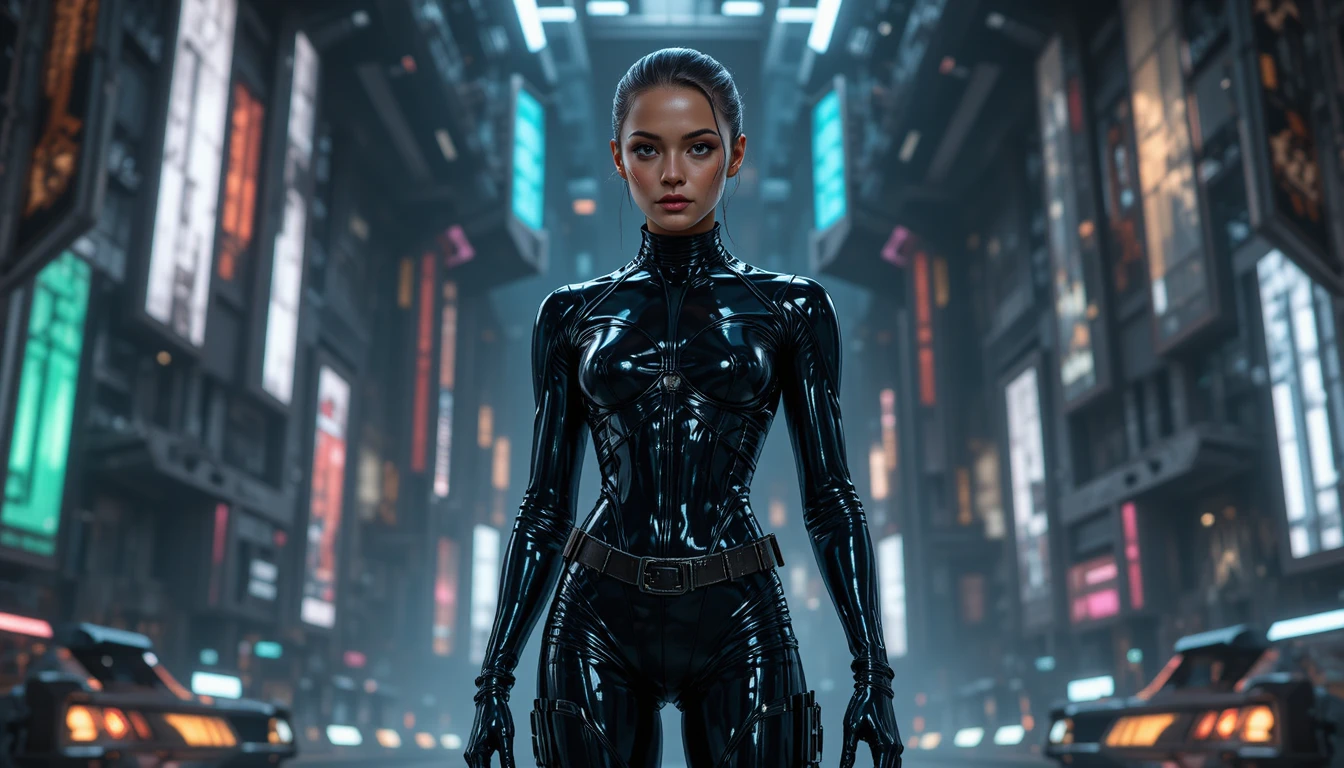 Full body sci fi woman in black latex suit