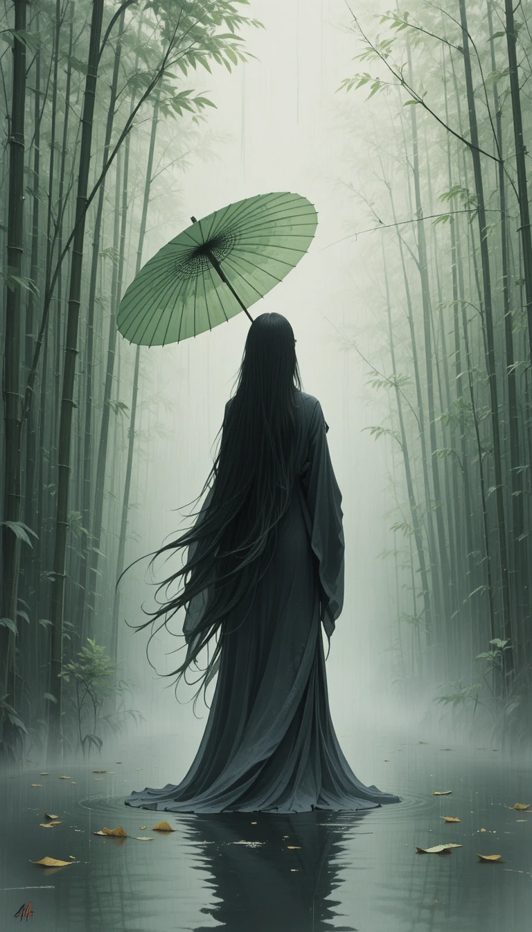 Woman in dark hanfu under umbrella in bamboo rain