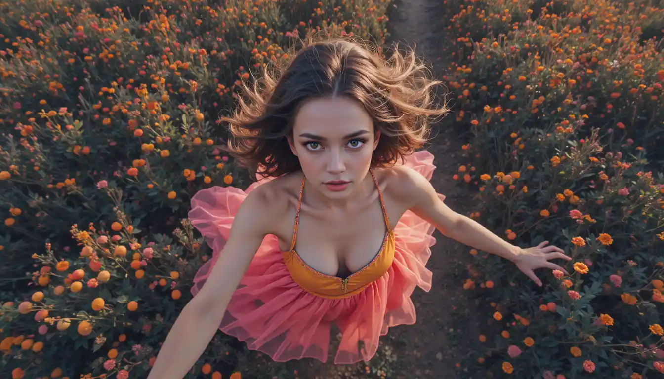 Curvy woman flying above bright neon wildflower field