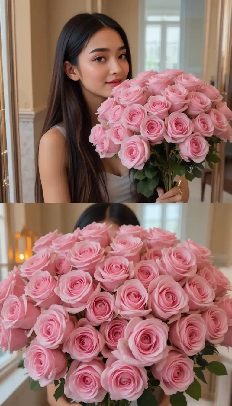 Woman mirror selfie with pink roses bouquet collage