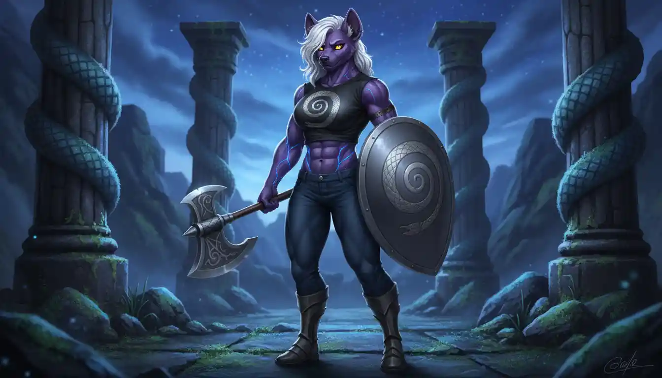 Tall purple hyena warrior woman with axe and shield