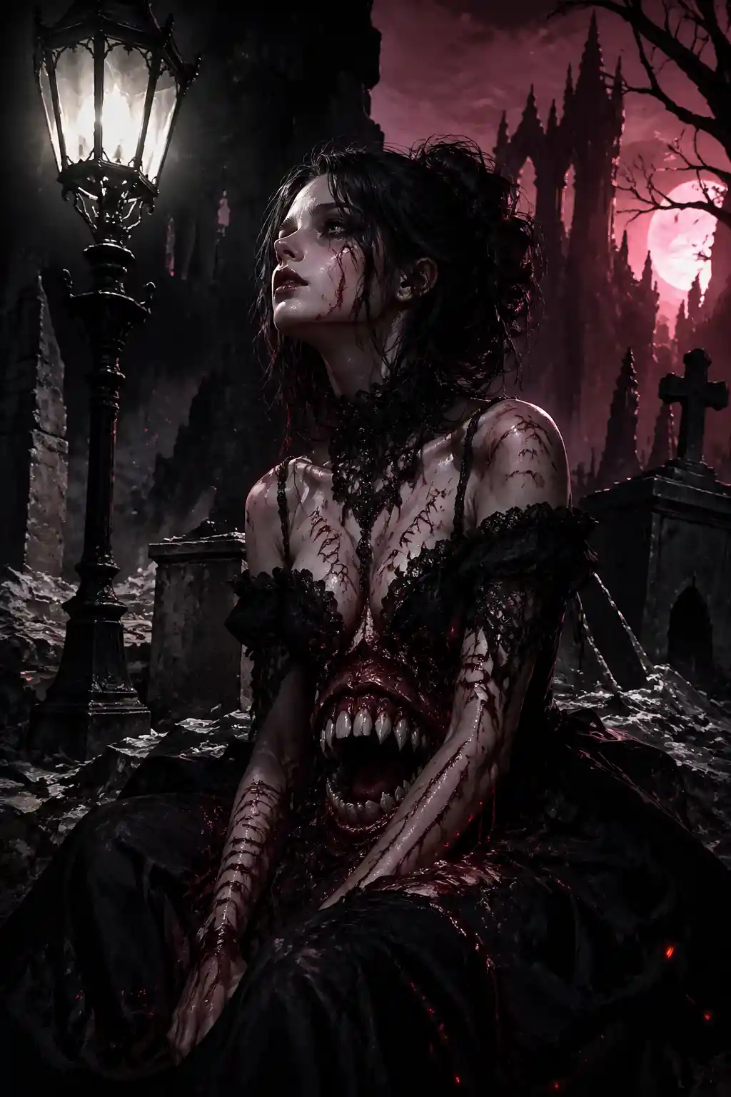 Gothic woman in lace dress at dusk graveyard