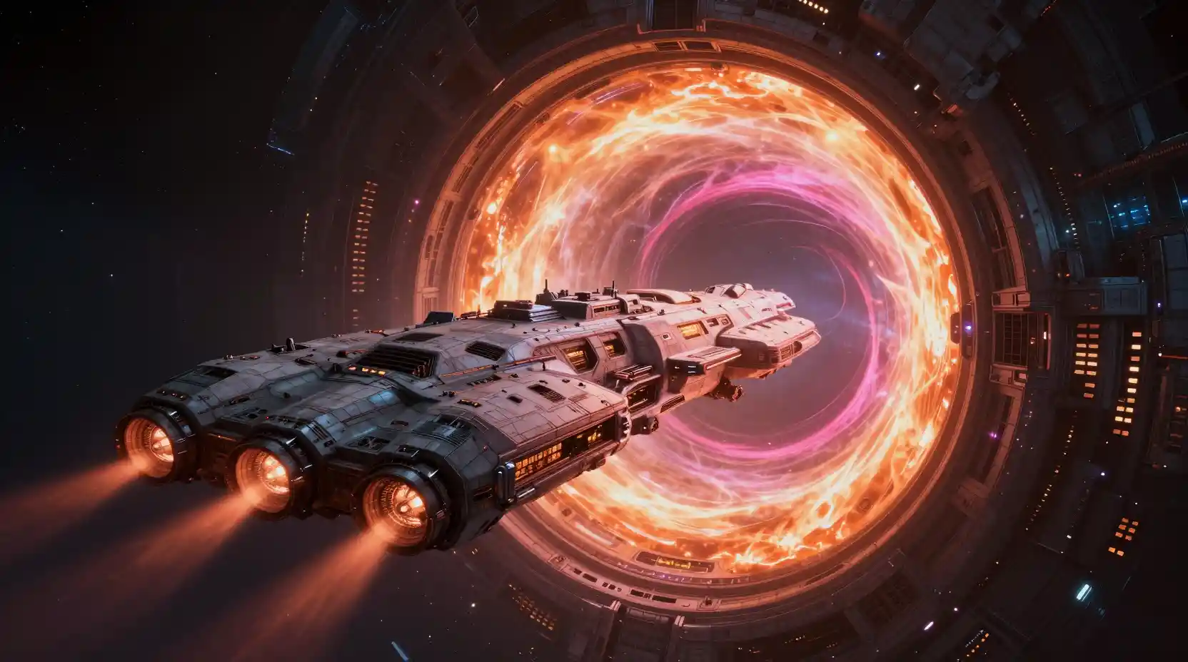 Colossal starship crossing a glowing mechanical wormhole gate