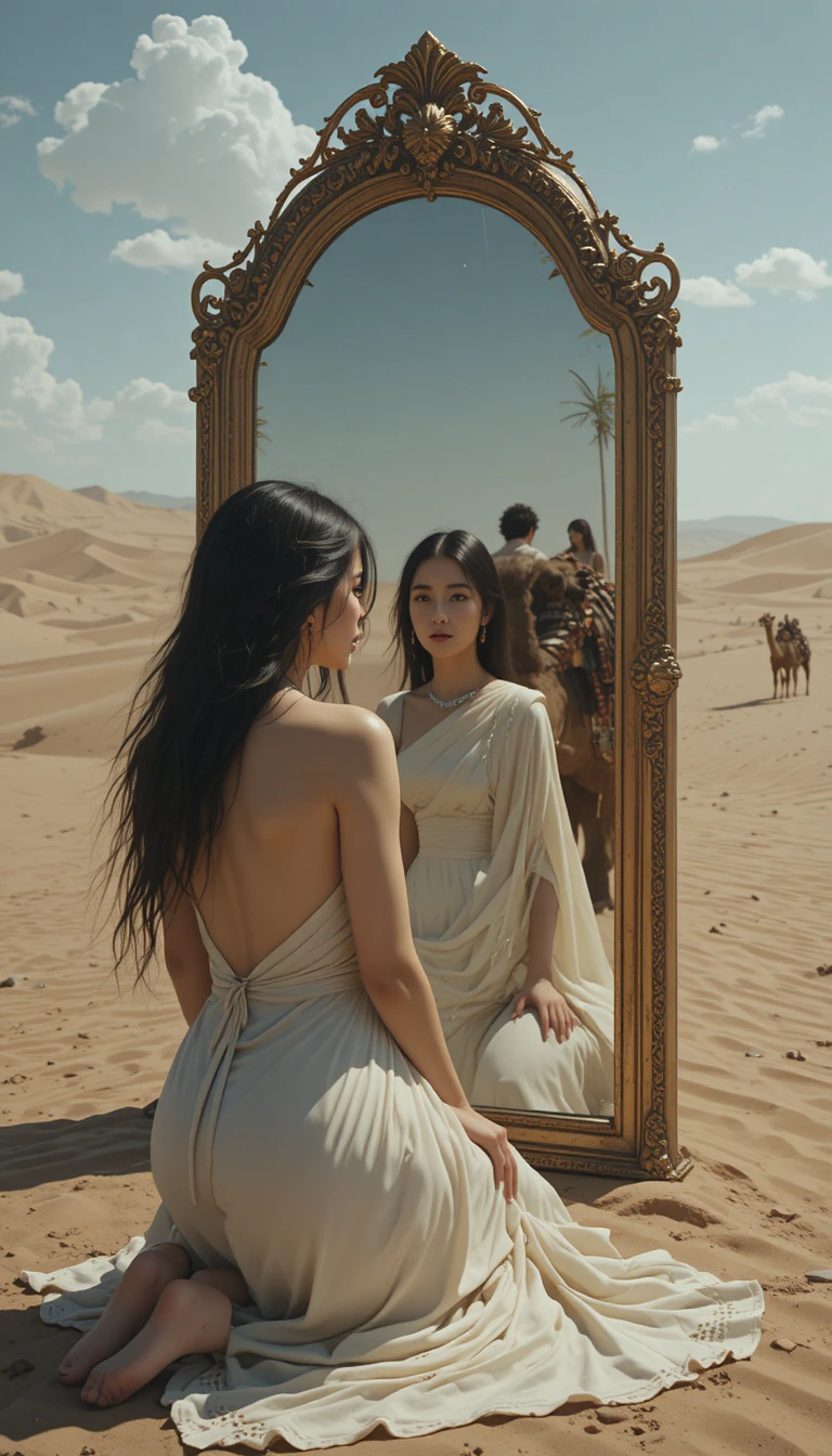 Young woman kneeling in a desert before a large mirror