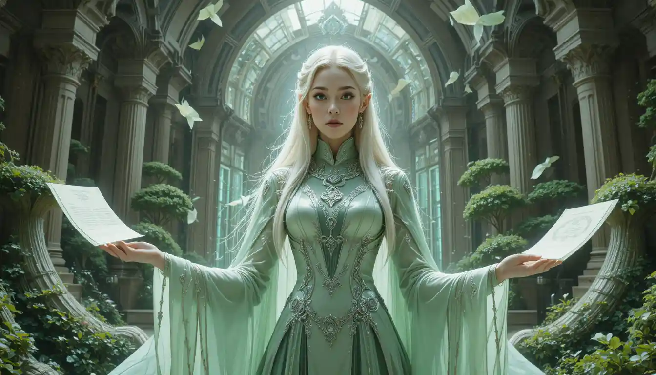 Elegant elf scholar in luminous temple garden