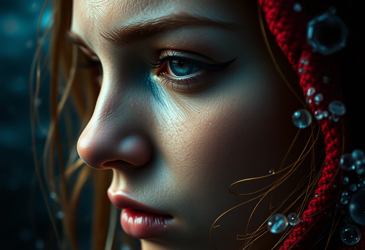 Surreal close up portrait of a woman in cosmic water vision