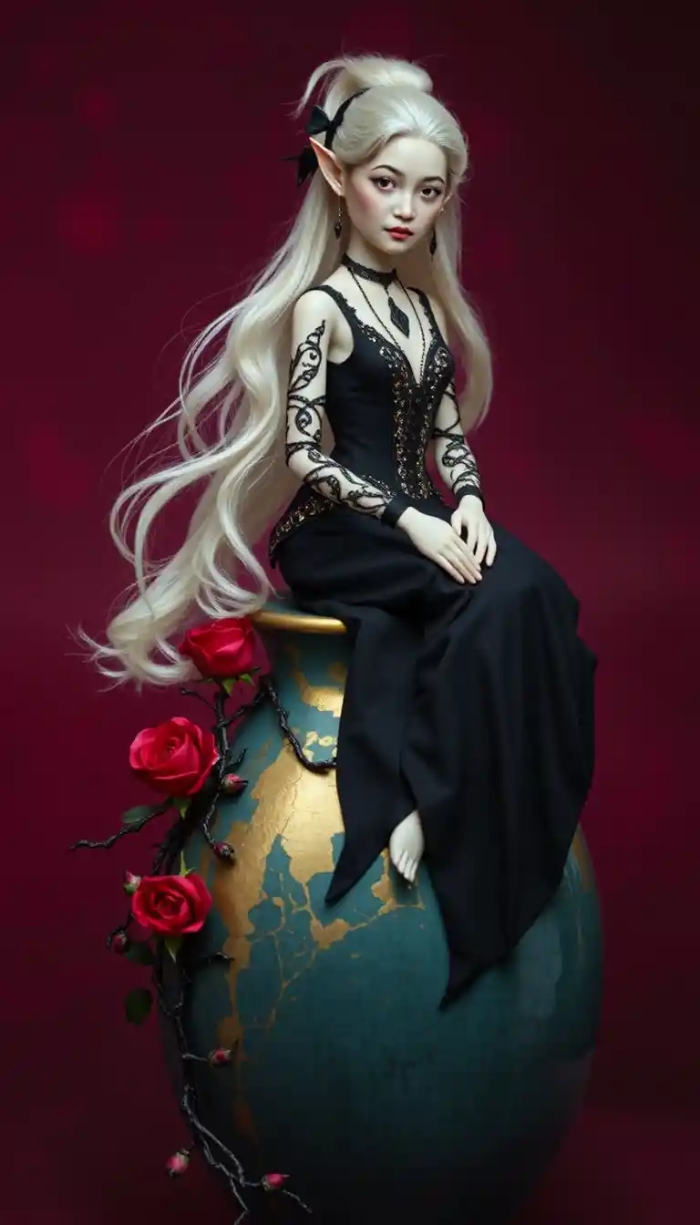 Gothic elf doll seated on ornate ceramic vase