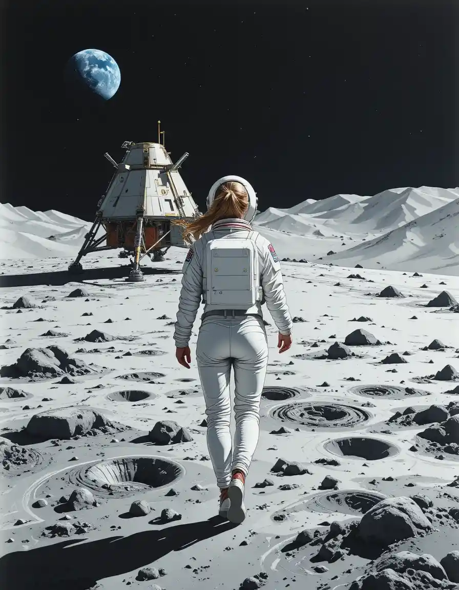 Woman astronaut walking across the moon with earth behind