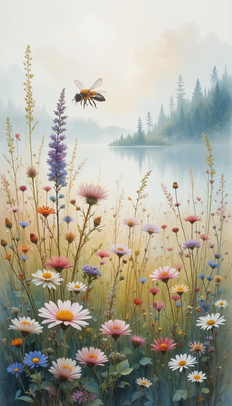 Bee Flying Over Misty Wildflower Meadow By A Quiet Lake