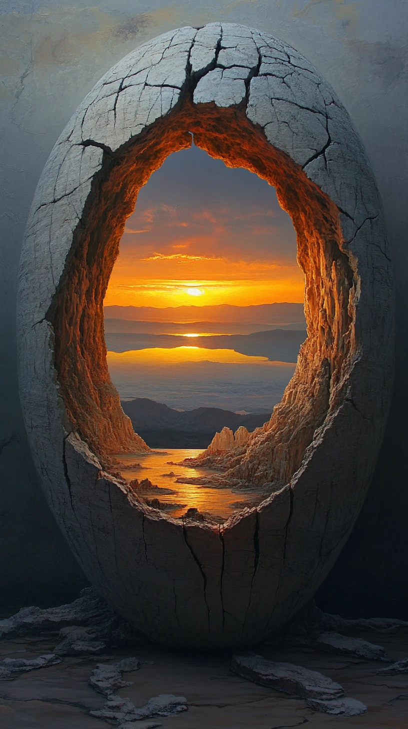 Surreal skull structure containing a glowing sunset landscape