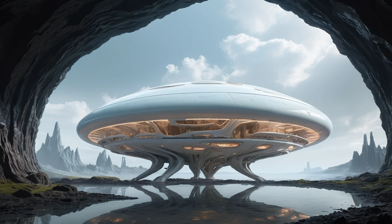 Organic alien latex spaceship with glowing energy veins
