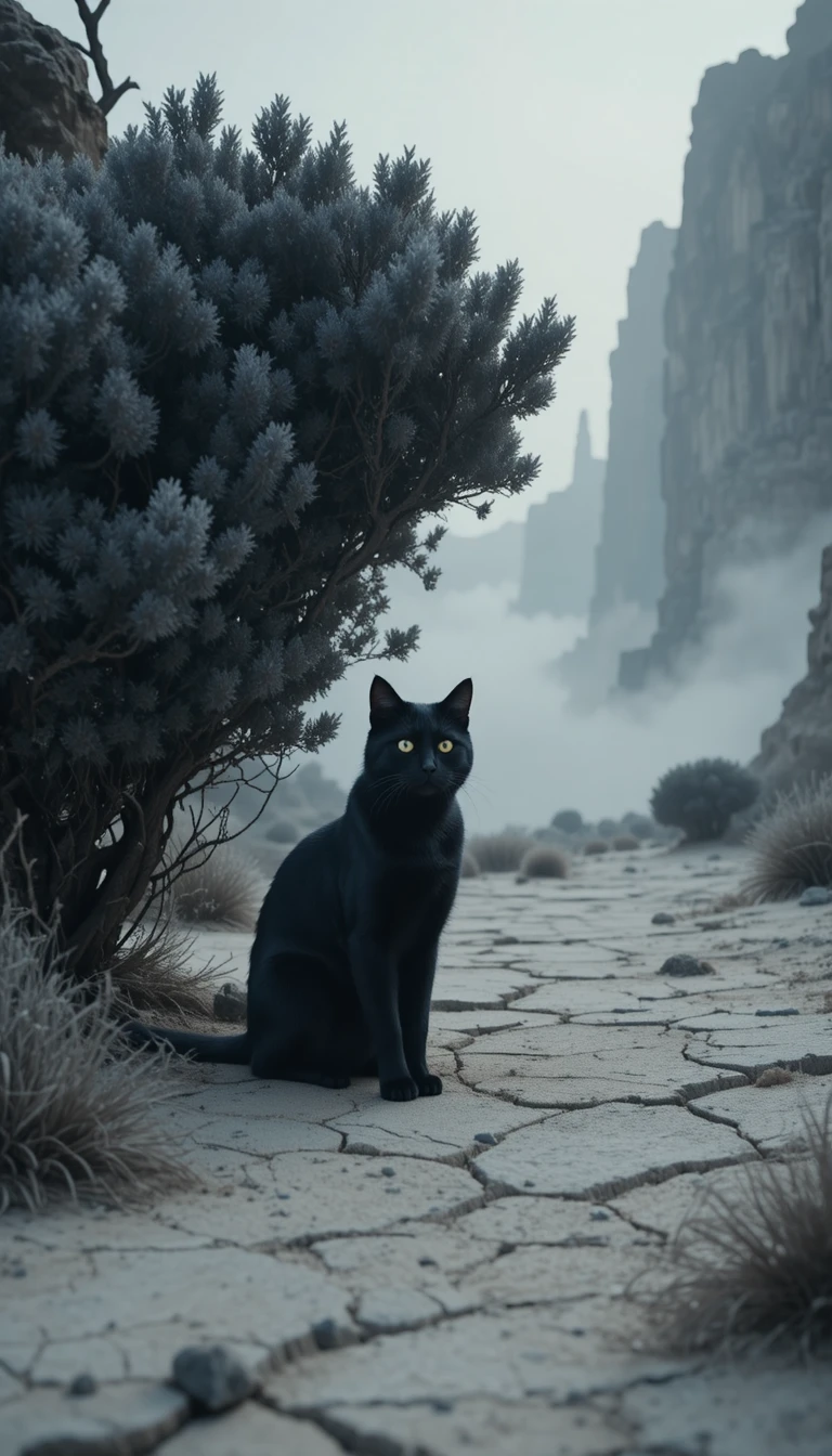 Gothic black cat in a foggy desert at dawn