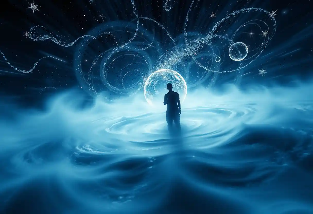 흐르는 물의 우주적 원 안의 인간 실루엣