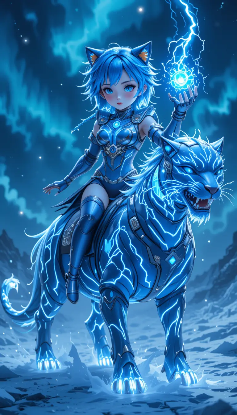 Anime warrior woman riding a glowing electric tiger