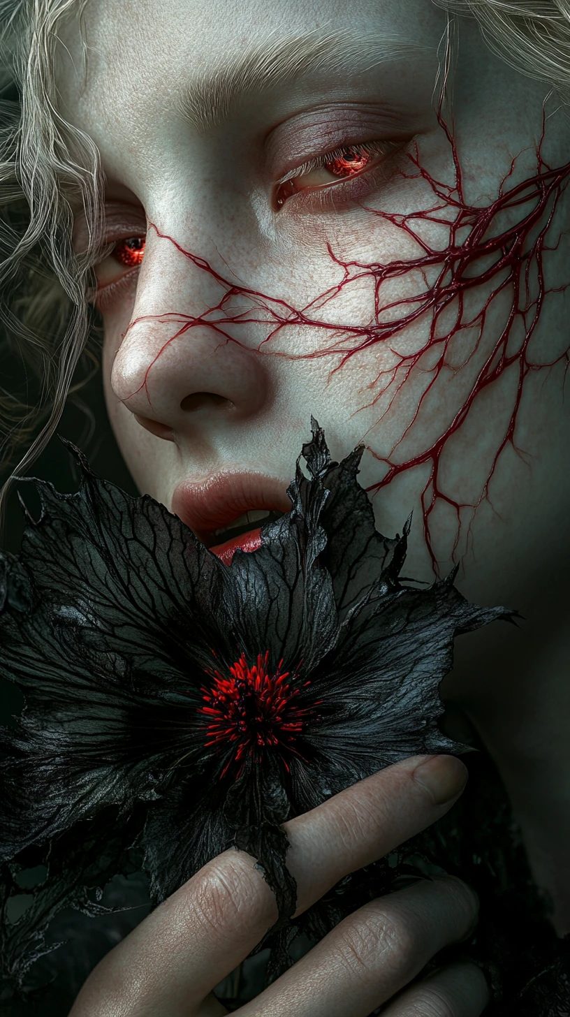 Pale figure with crimson eyes holding a dark flower