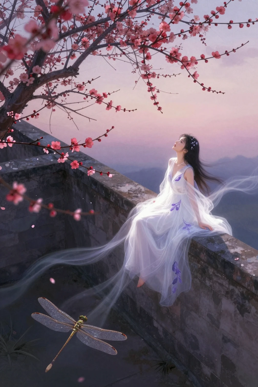 Woman on garden wall at dusk with falling plum blossoms