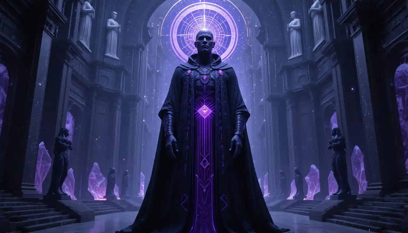 Regal philosopher in a violet cosmic sanctuary