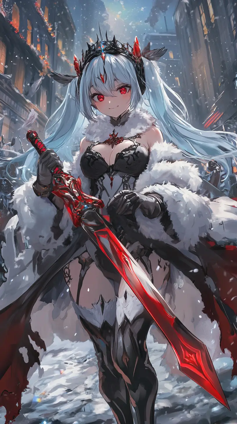 Anime girl with katana facing ghostly puppets in market