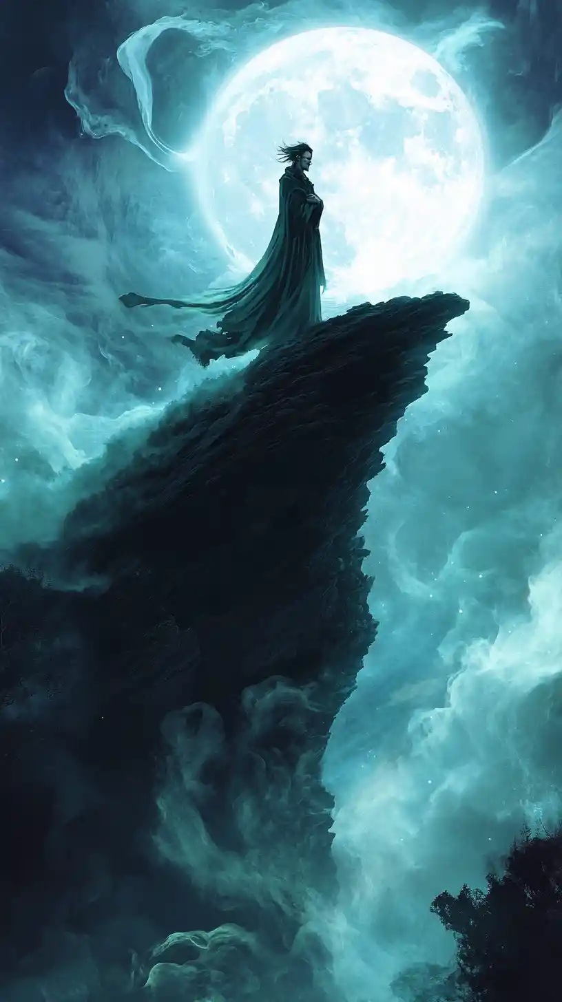 Serene villain on a moonlit cliff in swirling mist