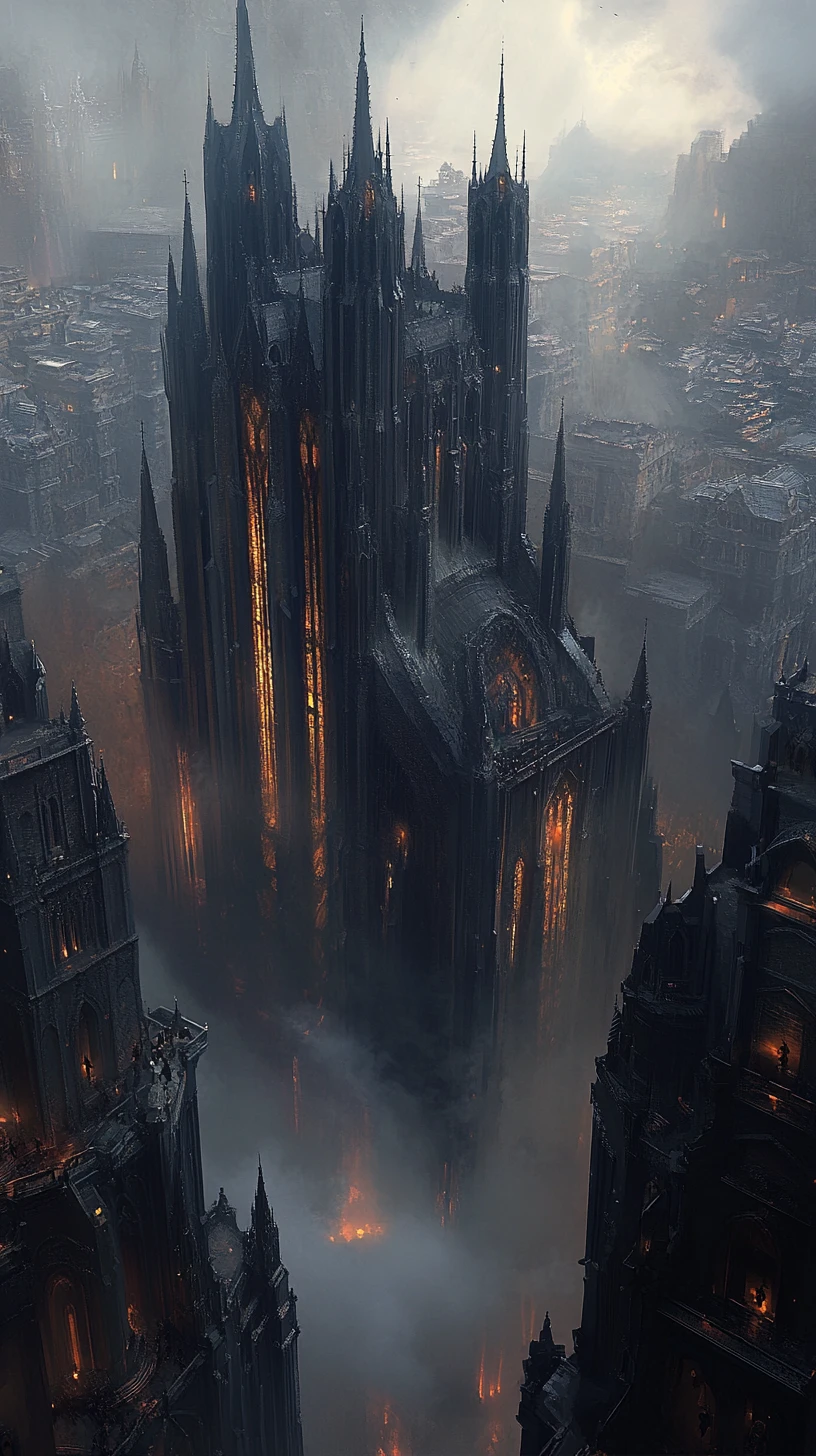 Towering gothic structure looming over tiny human figures