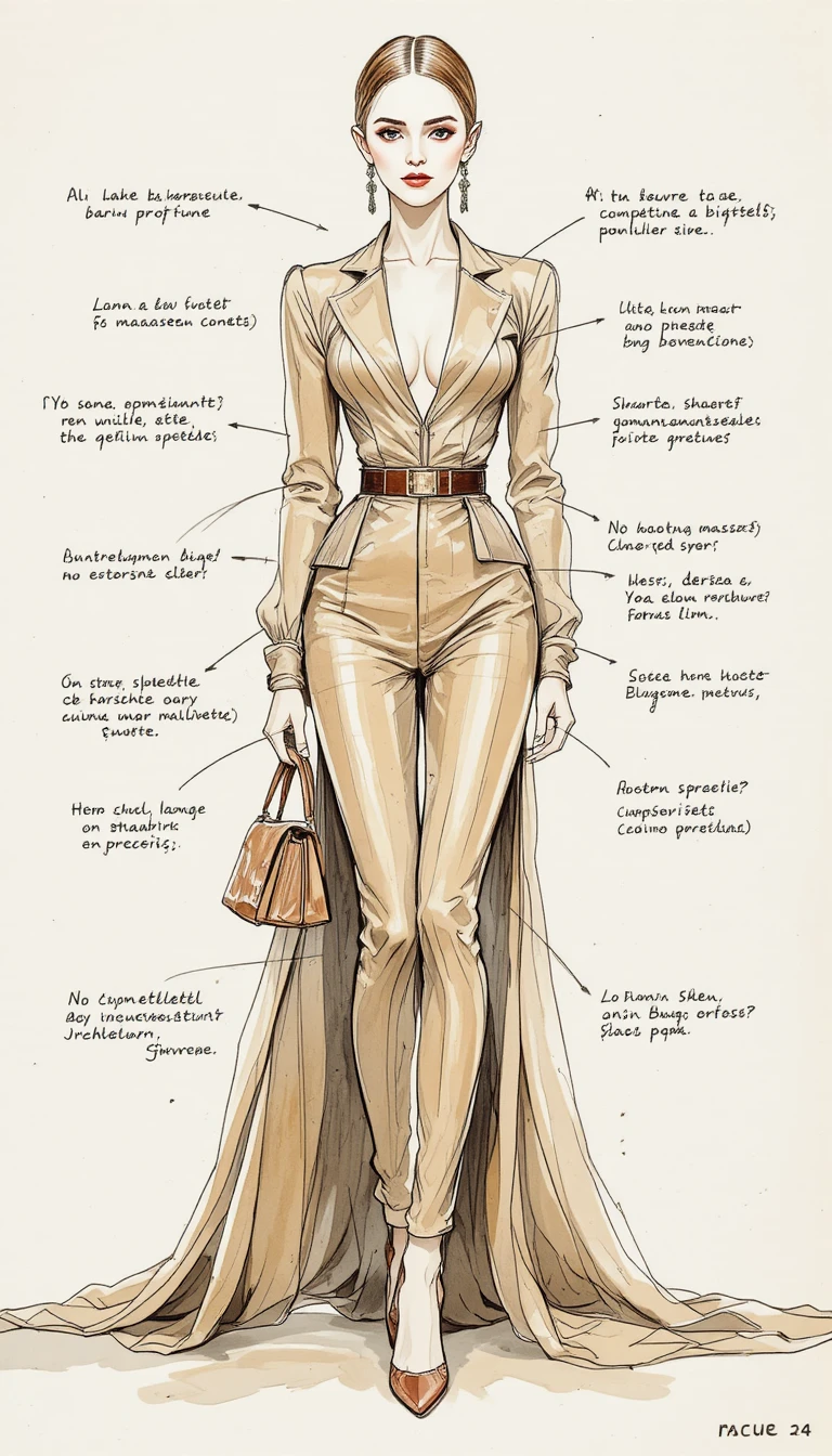 Elegant fashion illustration on cream sketchbook paper background