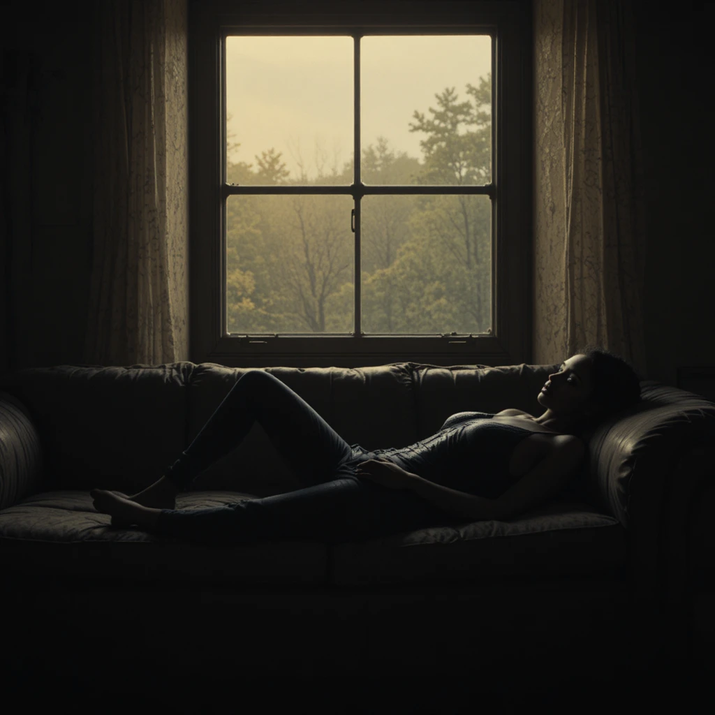 Woman lying on a sofa in a dark room facing window