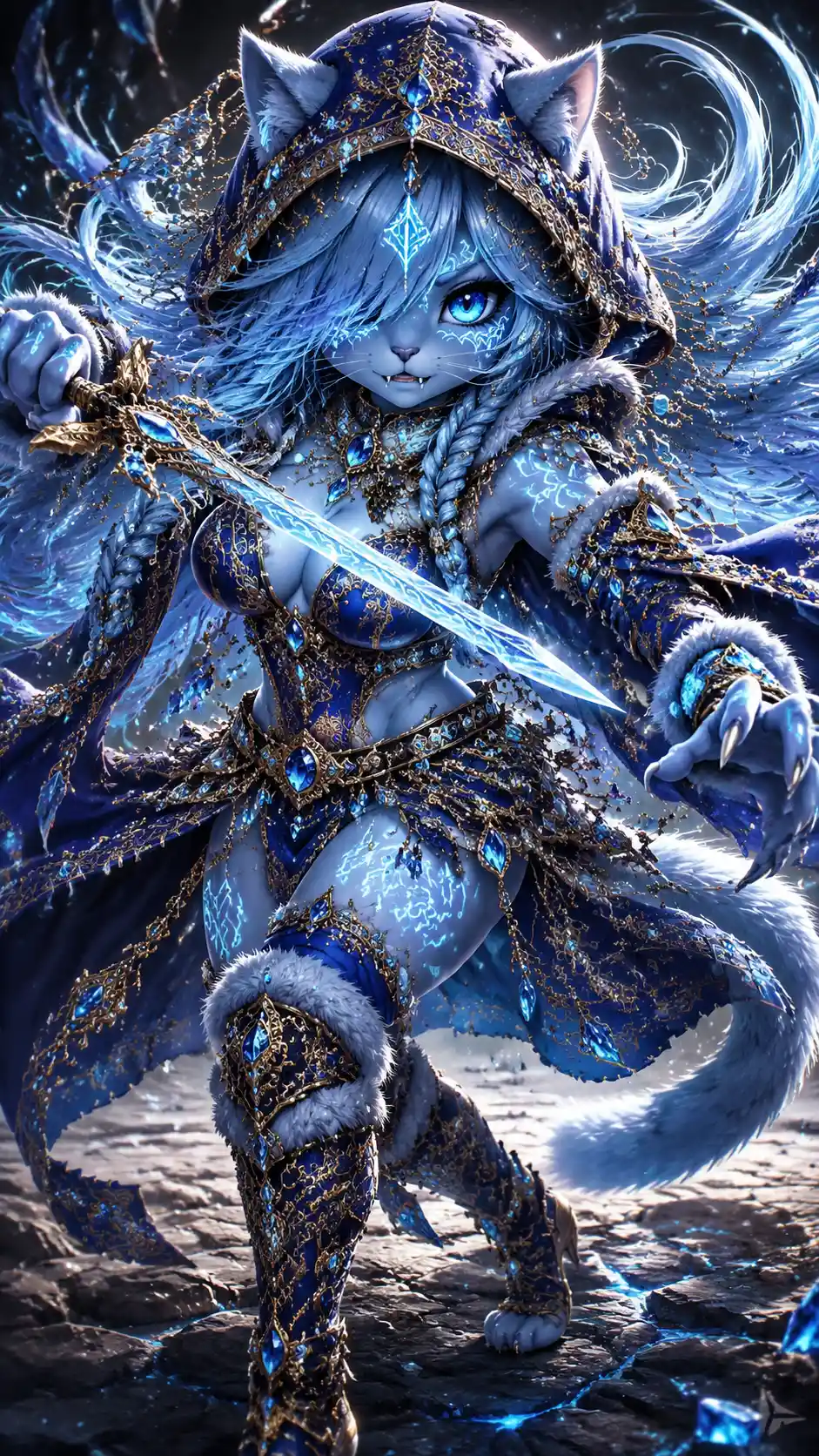 Anthropomorphic feline warrior girl in glowing rune armor
