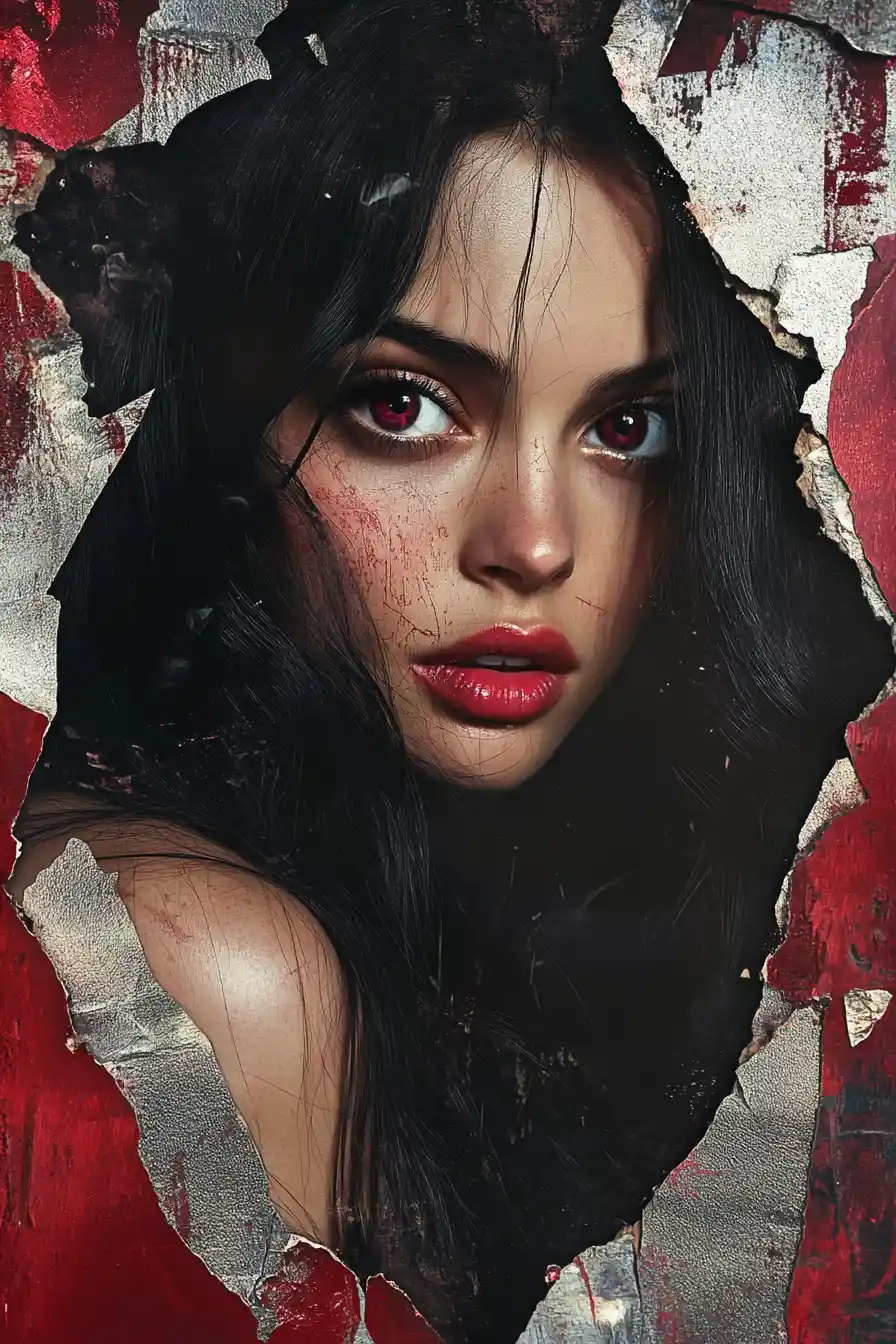 Torn poster of a gothic woman with striking amber violet eyes