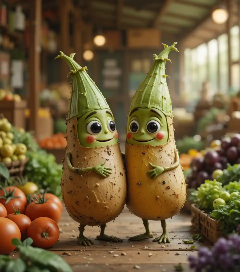 Romantische Liebesgeschichte zwischen einer Kartoffel und einer Okra auf einem Markt