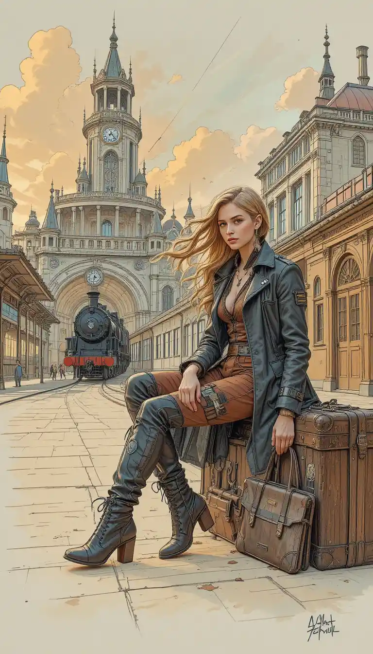 Steampunk-Frau mit Hund im futuristischen Bahnhof