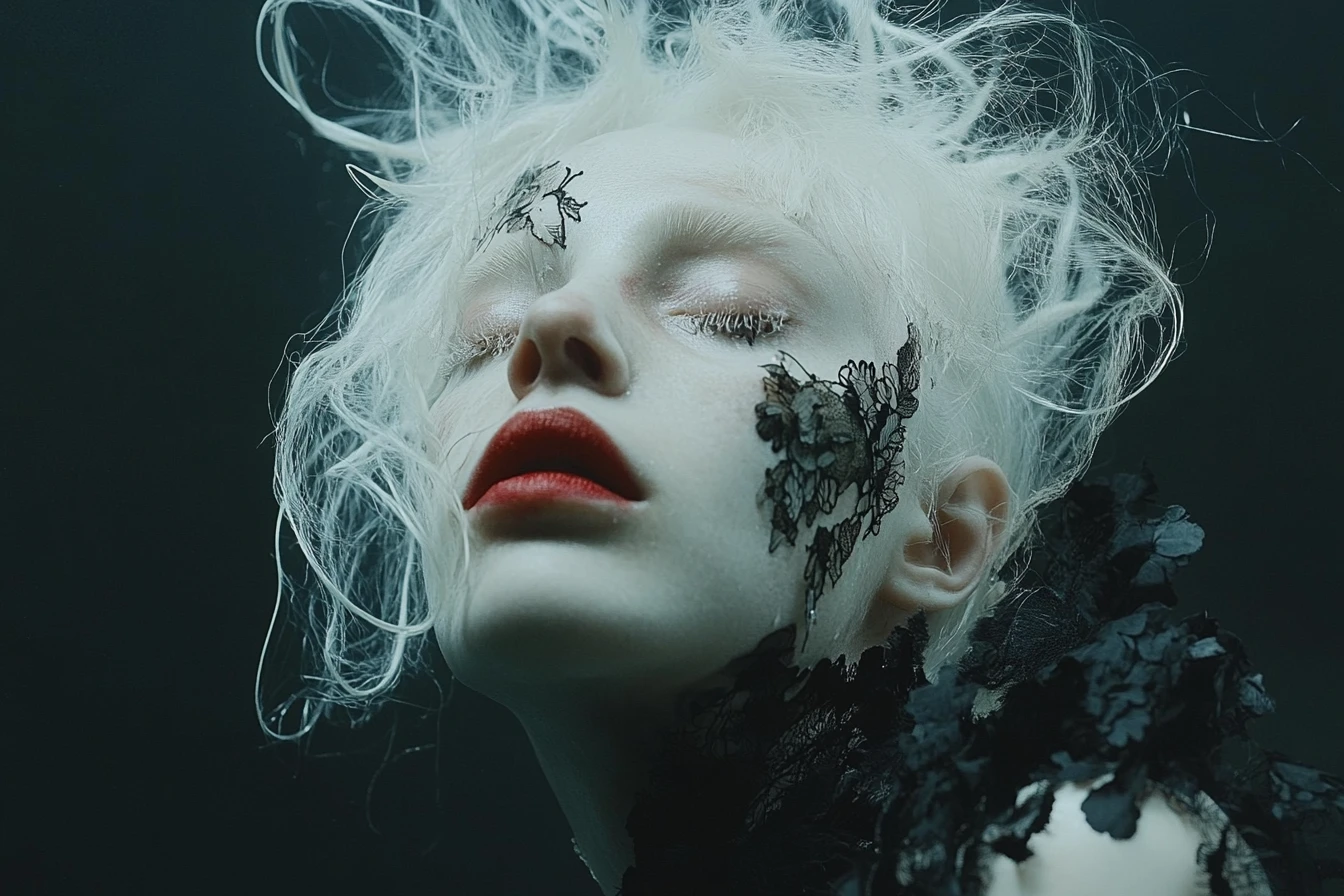 Albino woman in papercut floral dress with surreal makeup