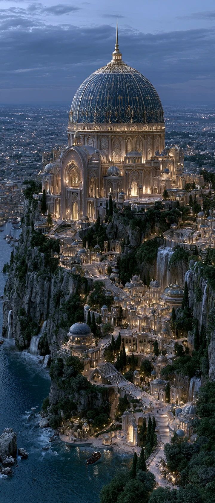 Arquitectura de fantasía épica que se alza desde un paisaje mágico