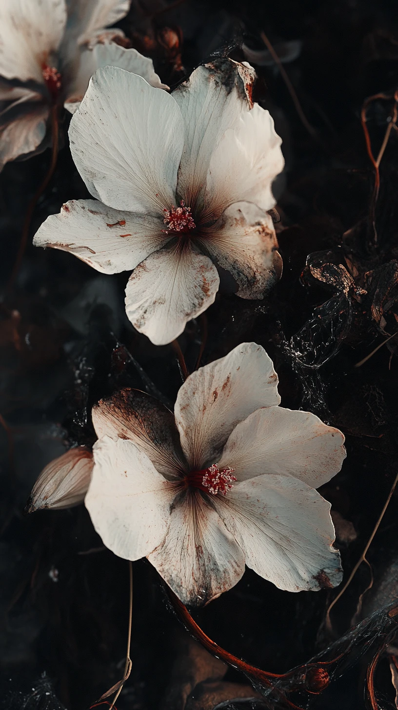 Delicate Flowers Emerging From Shadowed Organic Debris