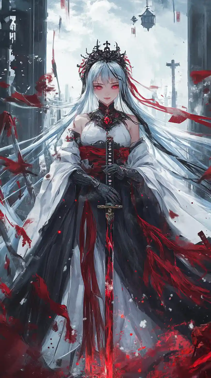 Girl with katana facing ghostly puppets in market hall