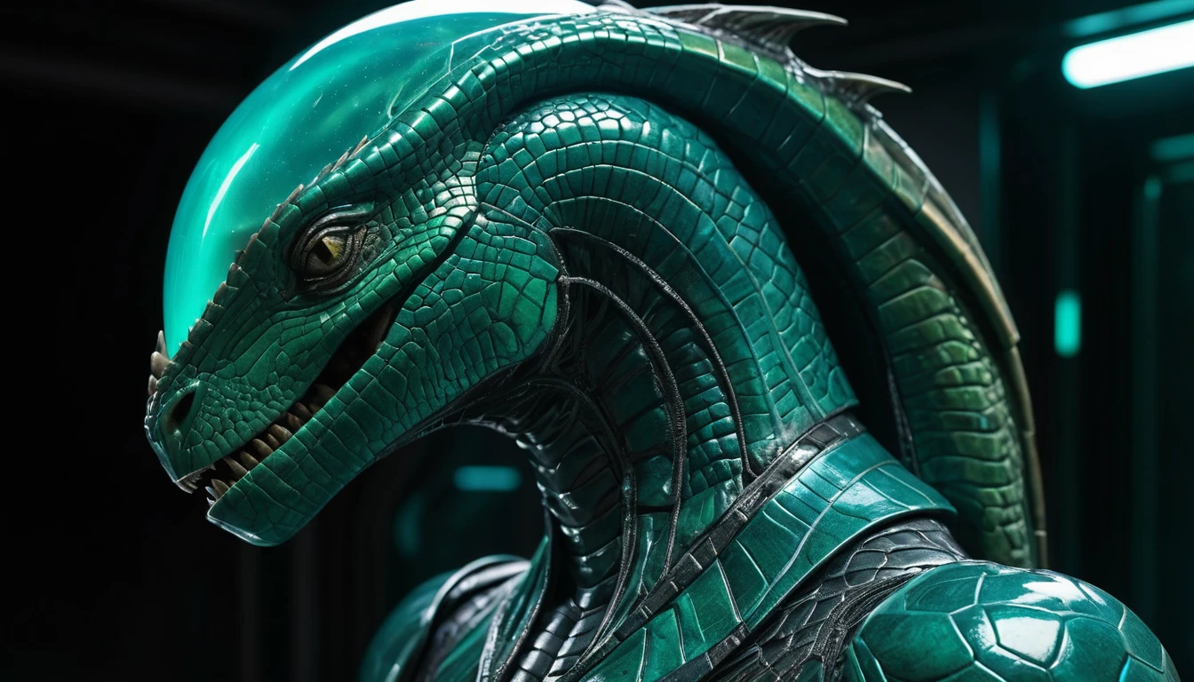 Biotech reptilian spaceship of glossy green latex in space