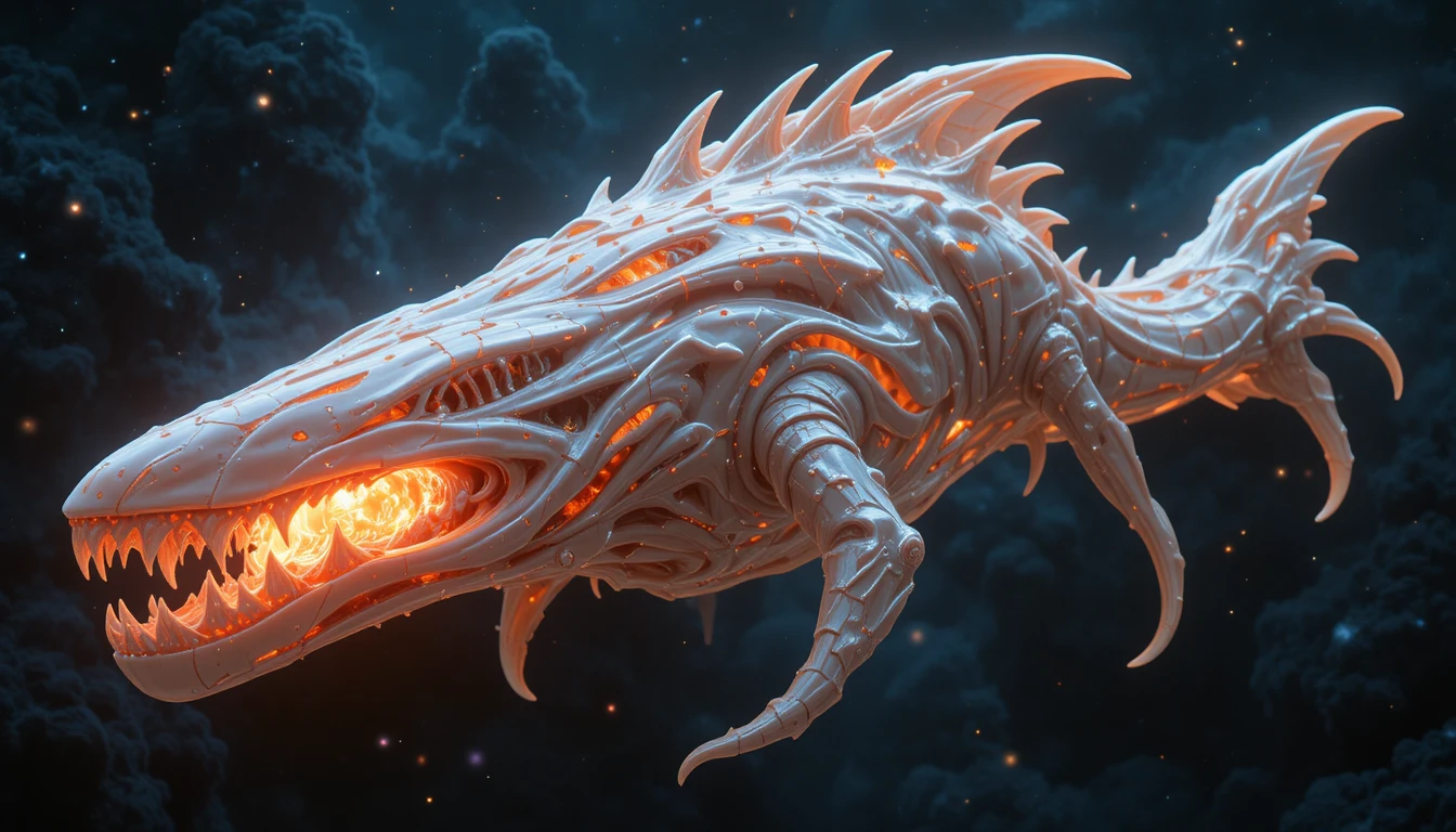 Alien latex starship creature with glowing cosmic veins