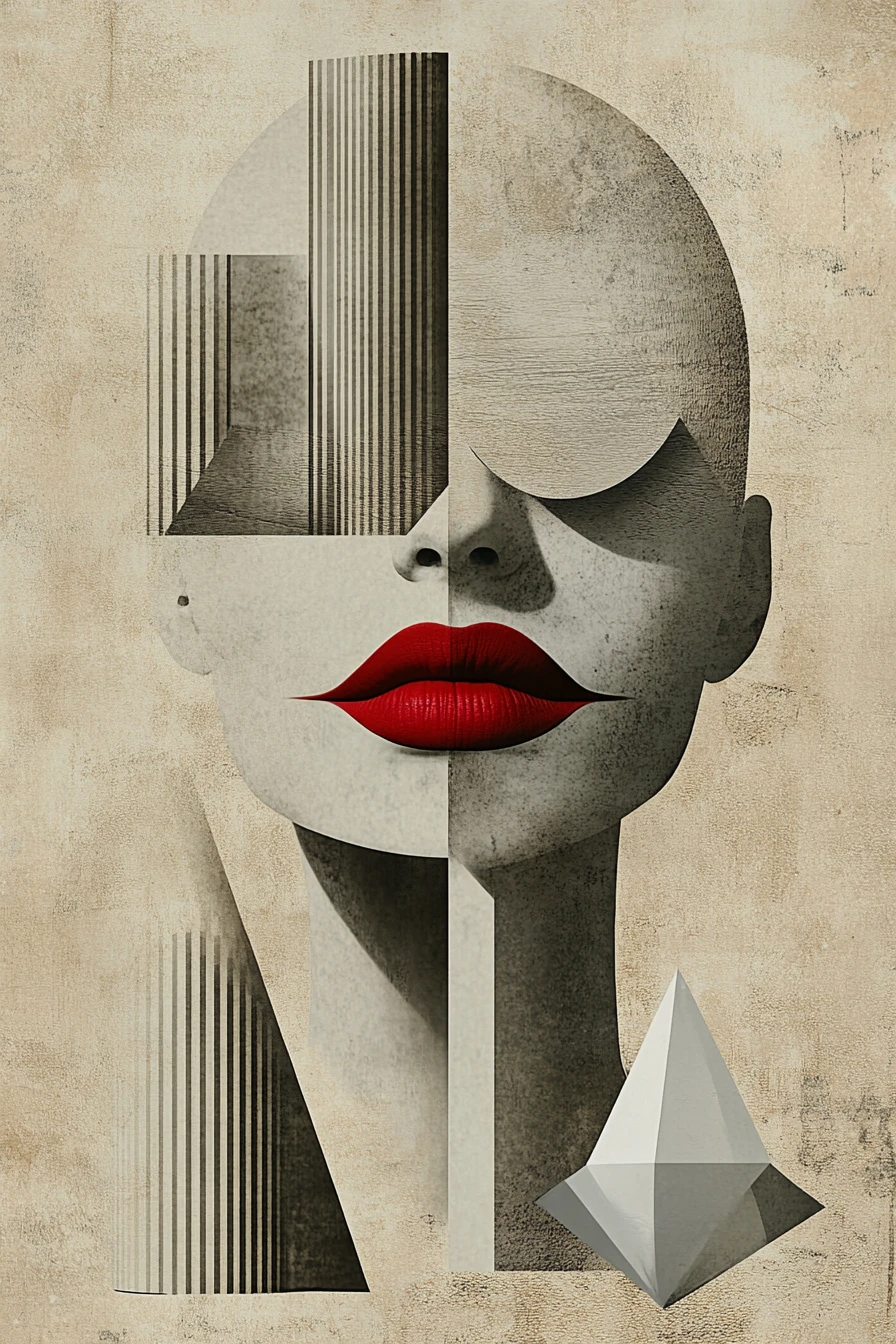 Geometric abstract head with red lips and white shapes