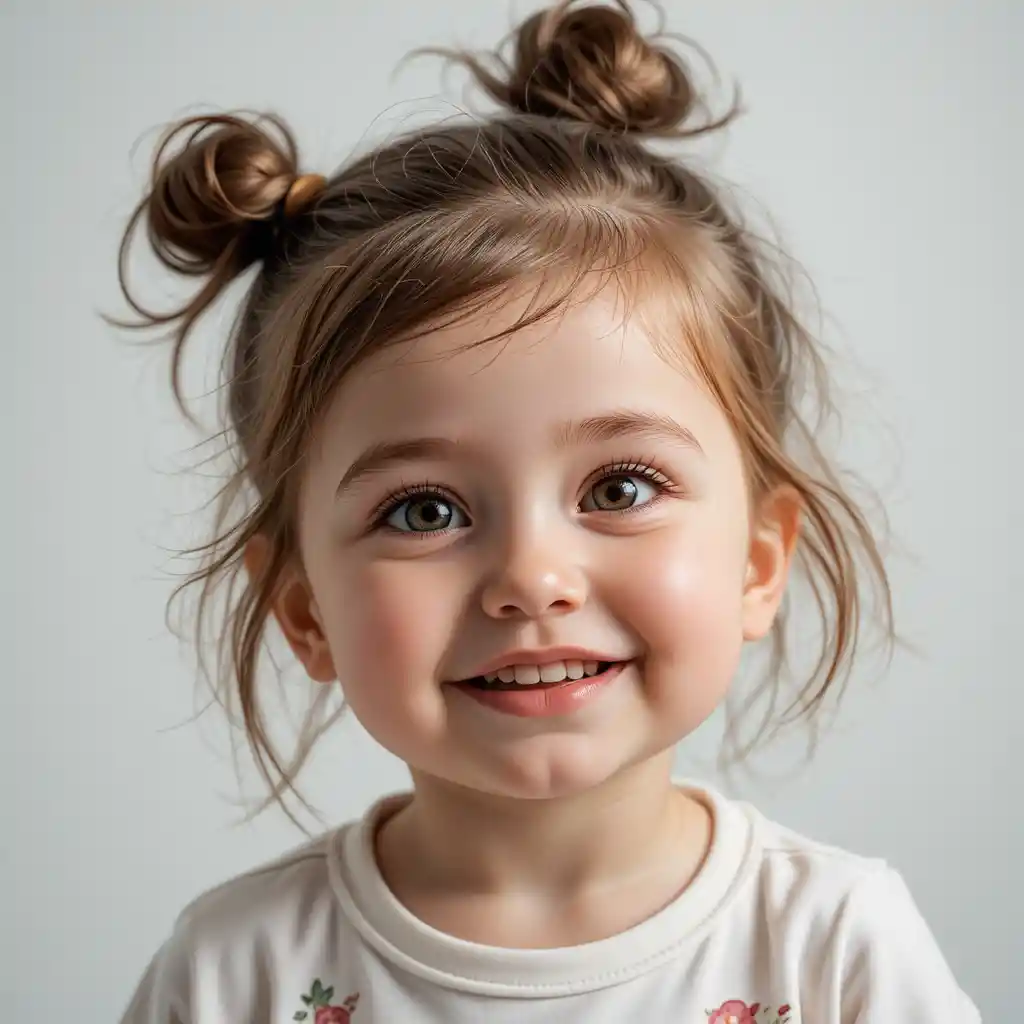 Cute toddler girl portrait with messy bun and bright eyes