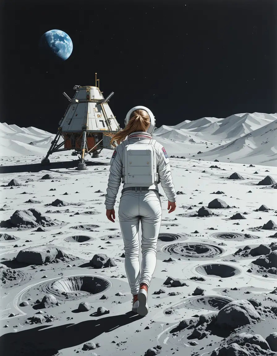 Donna astronauta che cammina sulla Luna con la Terra sullo sfondo