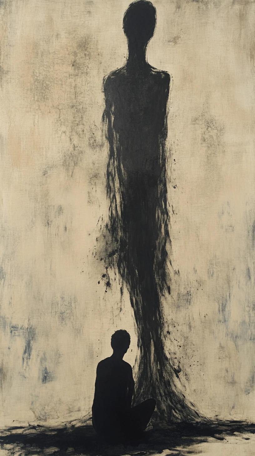Kneeling figure facing unseen force with rising shadow form