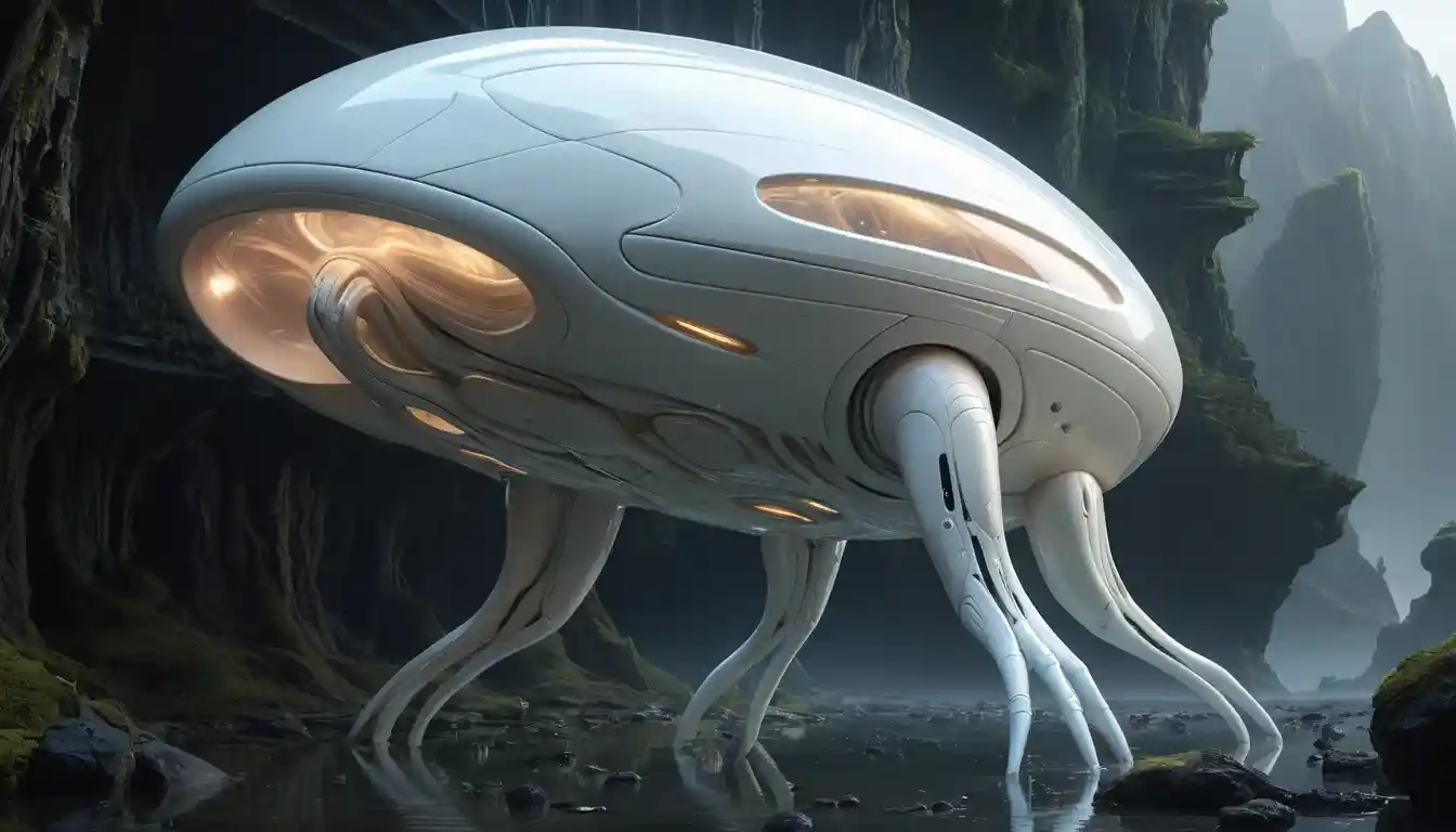 Organic latex alien spaceship with glowing energy veins