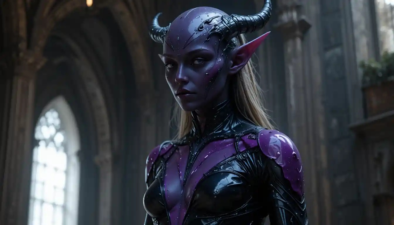 Dark elf inspired woman in latex catsuit between light and shadow