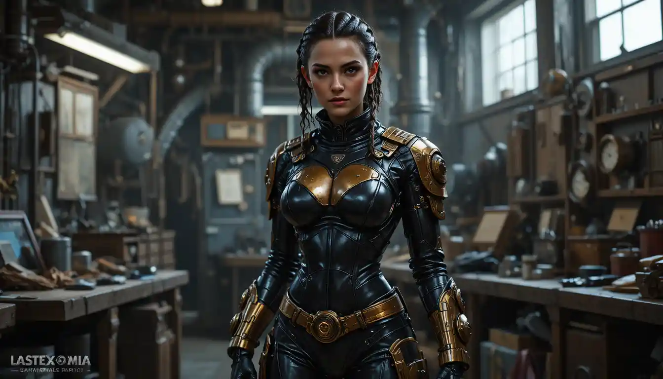 Female engineer in black latex suit in biomechanical workshop
