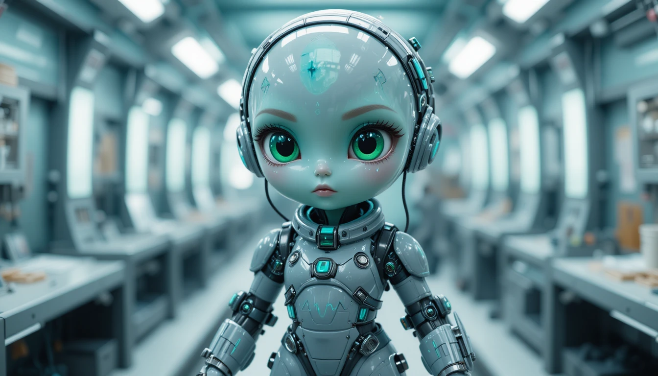 Cute latex humanoid engineer in a futuristic tech bay