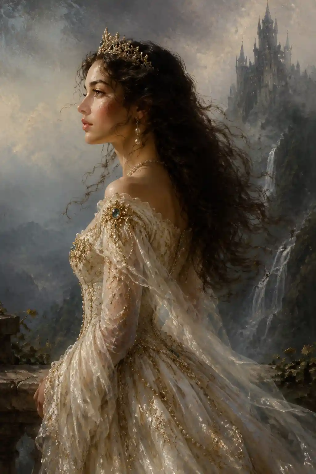 Side profile portrait of a woman in a jeweled gown