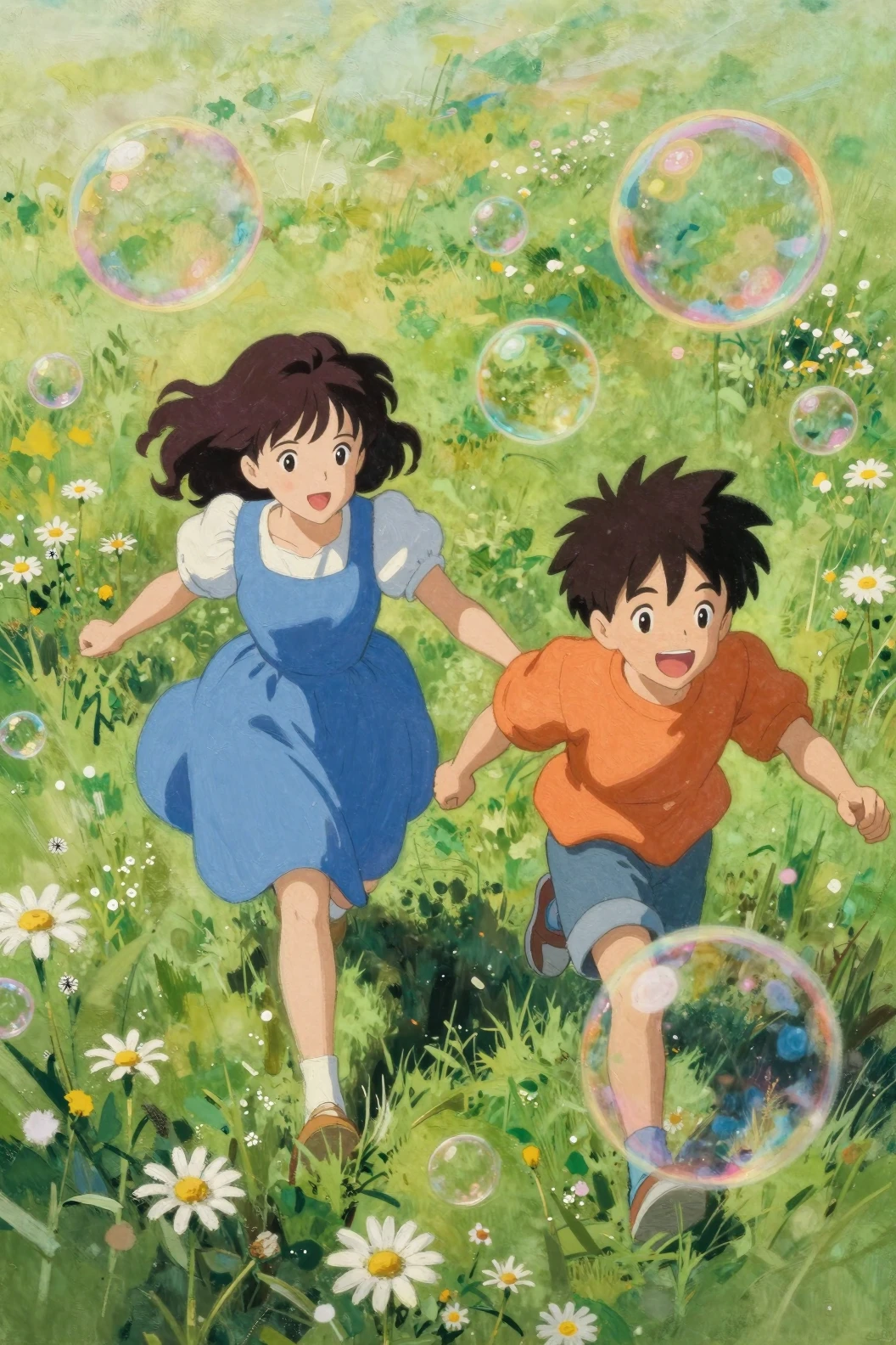 Children chasing giant bubbles across a sunny flower meadow