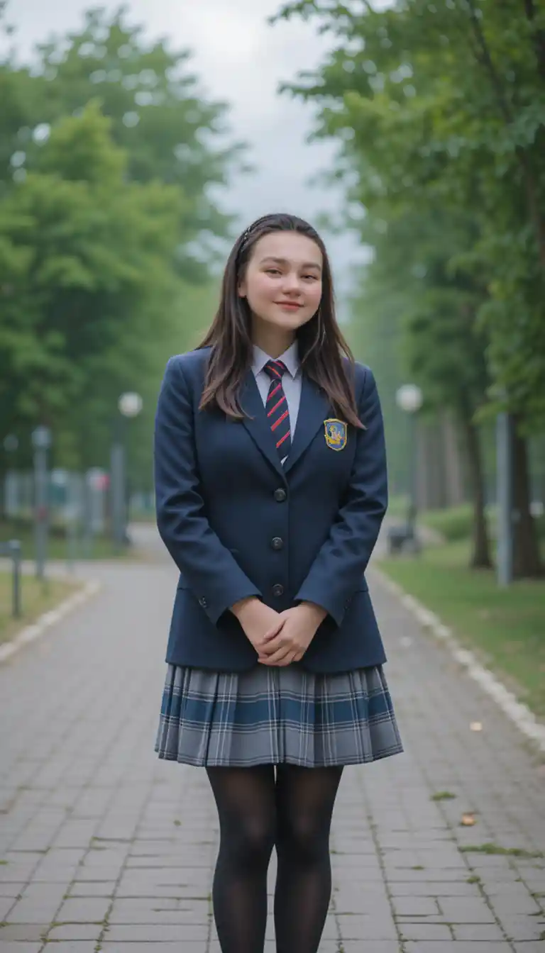 Young Asian woman in school uniform on garden pathway