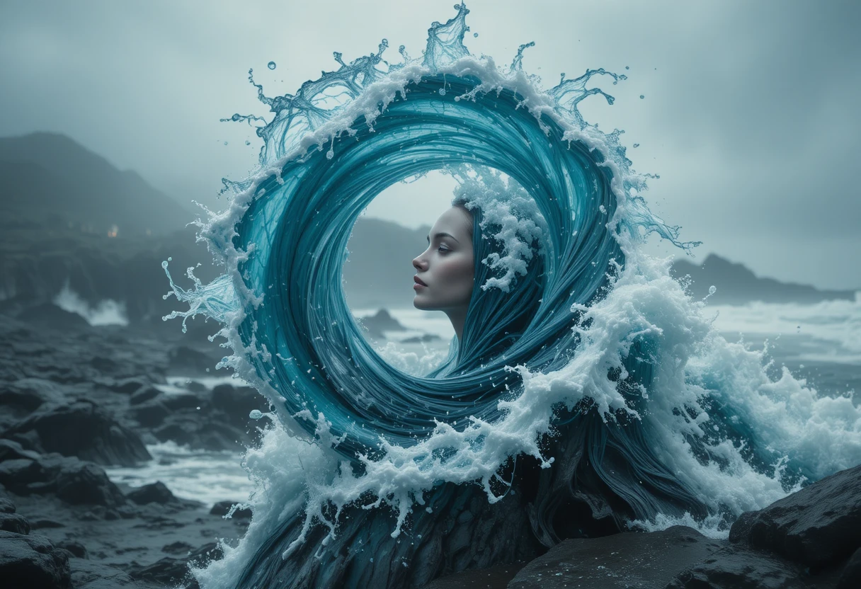Sculptural ocean waves rising against a stormy coastal sky