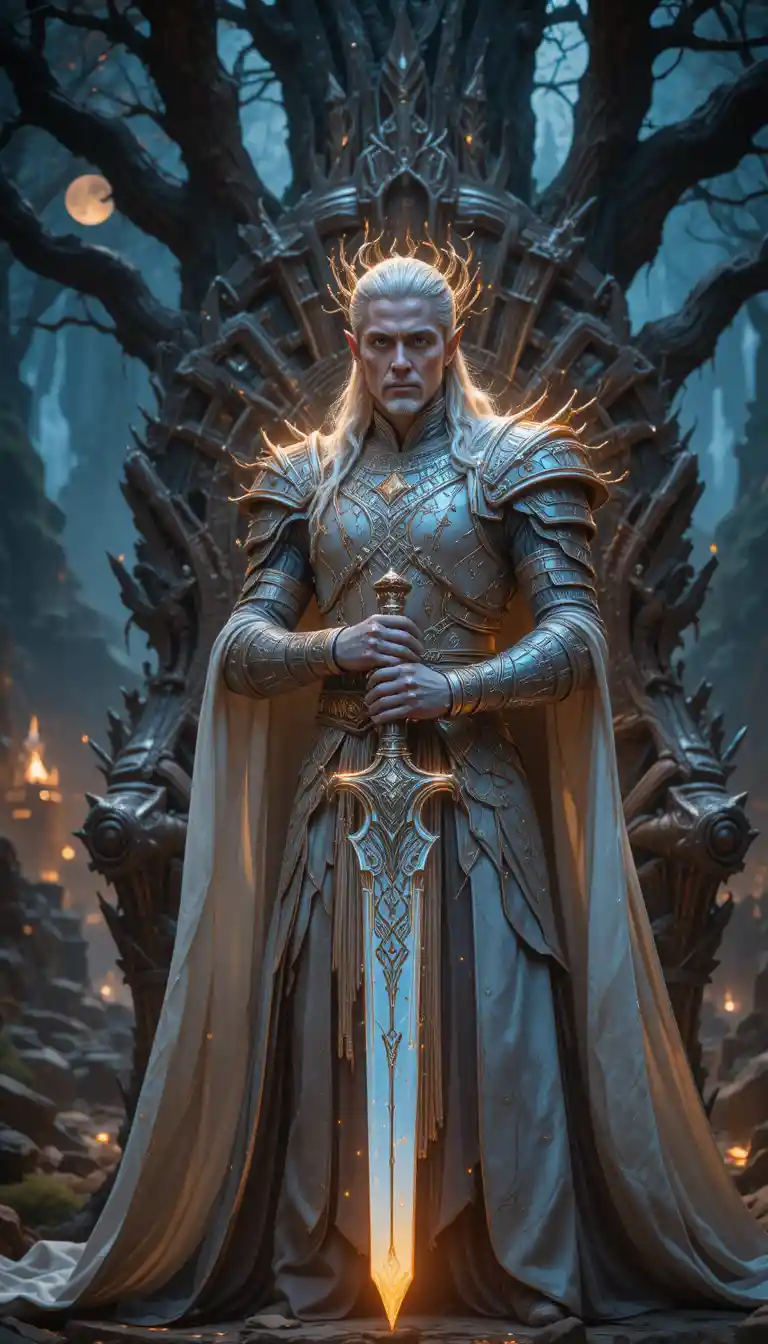 Elf warrior king on a shattered obsidian throne